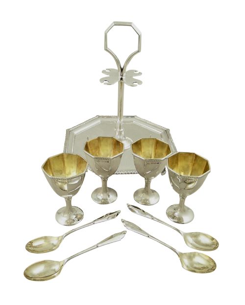 fig 1. Antique Victorian Sterling Silver 4 Egg Cruet Set 1891