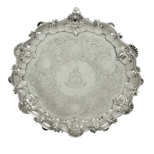 Antique Victorian Sterling Silver 12" Tray / Salver with Crest 1862