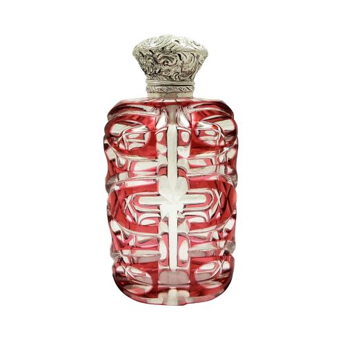 Antique Silver & Red Overlay Cut Glass Perfume / Scent Bottle C1890