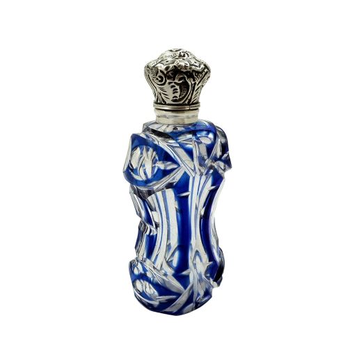 Antique Silver & Blue Overlay Cut Glass Perfume / Scent Bottle C1890