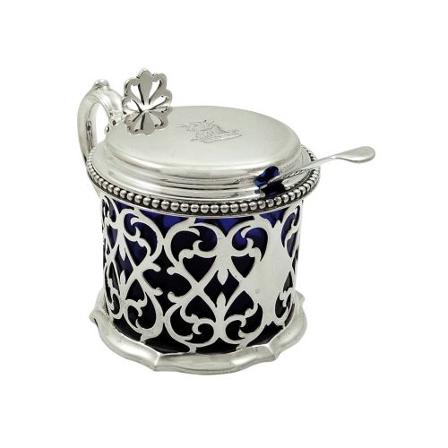 Antique Victorian Sterling Silver Mustard Pot with Spoon 1883