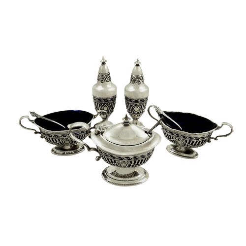Antique Edwardian Sterling Silver 5 Piece Cruet Set 1908