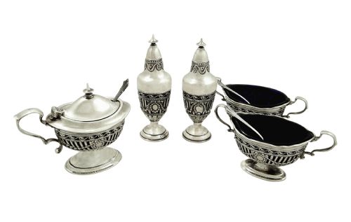 fig 1. Antique Edwardian Sterling Silver 5 Piece Cruet Set 1908