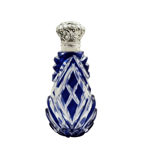 Antique Silver & Blue Overlay Cut Glass Perfume / Scent Bottle C1900