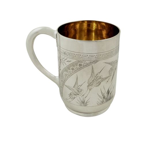 Antique Victorian Sterling Silver 'Bird' Christening Mug / Tankard 1887