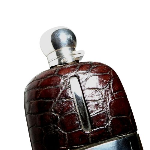 Antique Crocodile Leather & Silver Plated Hip Flask C1900