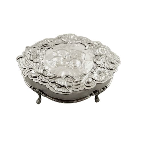 Large Antique Edwardian Sterling Silver 'Angels' Trinket Box 1902