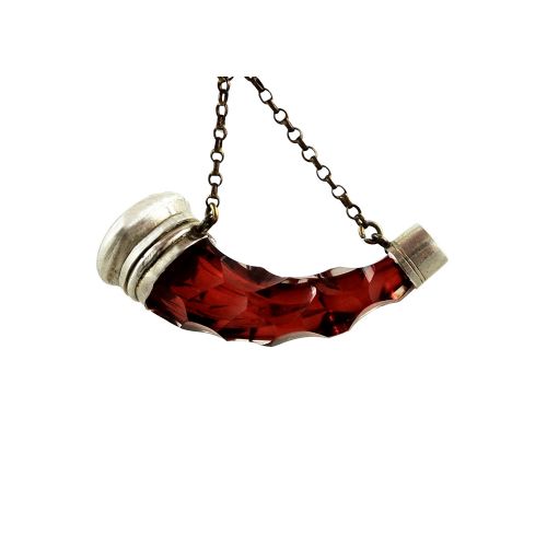 Antique Silver & Red Glass Horn Shape Perfume / Scent Bottle C1880