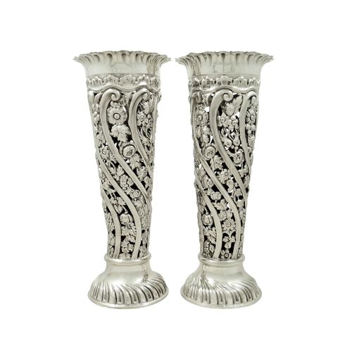 Pair of Antique Edwardian Sterling Silver 9" Spill Vases 1901