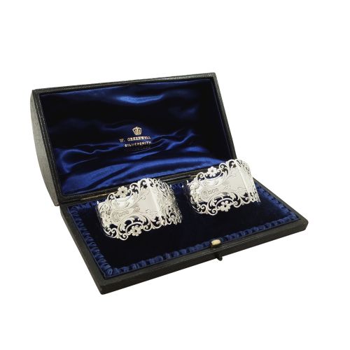Pair of Antique Edwardian Sterling Silver Napkin Rings in Case 1902