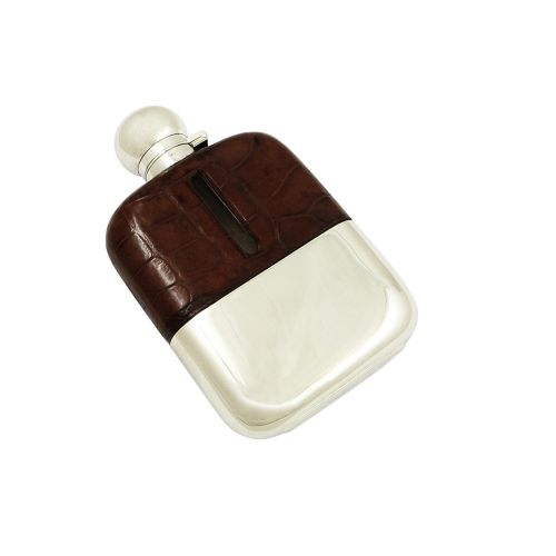 Antique Silver Plated & Crocodile Hip Flask C1880