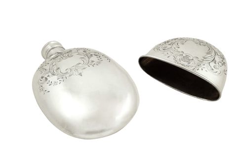 fig 1. Antique Victorian Sterling Silver Hip Flask with Cup 1889