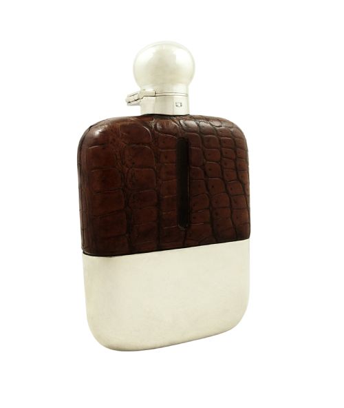 fig 1. Antique Silver Plated & Crocodile Leather Hip Flask c1880