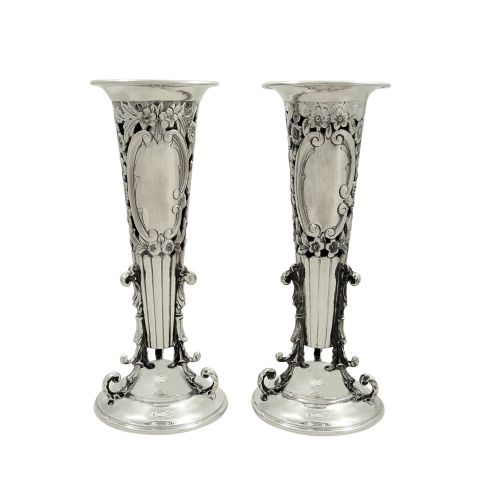 Pair of Antique Edwardian Sterling Silver Vases 1904