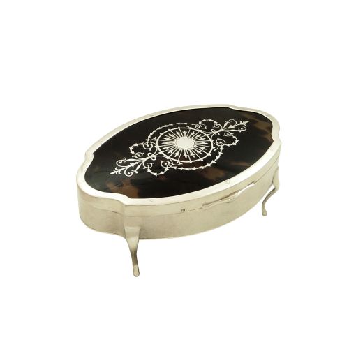 Antique Sterling Silver & Tortoiseshell with Pique Inlay Trinket Box 1919
