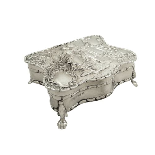 Antique Edwardian Sterling Silver Ring / Trinket Box with Scene 1910