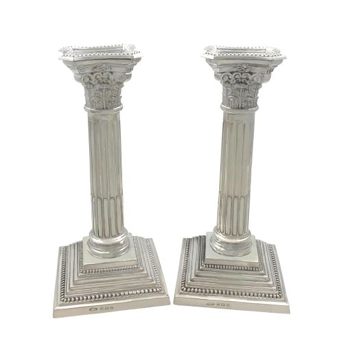 Pair of Antique Sterling Silver Corinthium Column Candlesticks 1932