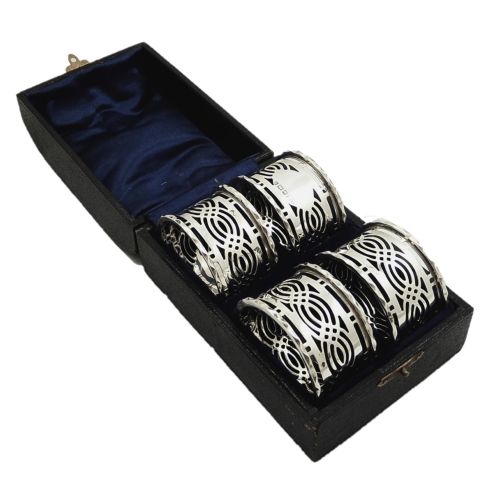Set of 4 Antique Sterling Silver Pierced Napkin Rings in Case 1911