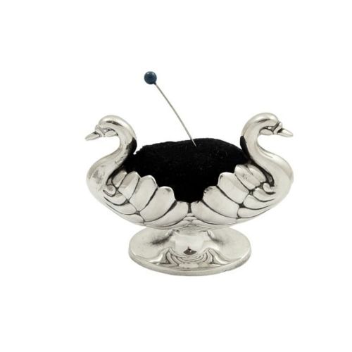 Antique Victorian Sterling Silver Double Swan Pin Cushion 1895