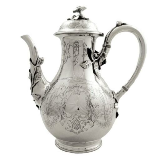 Antique Victorian Sterling Silver 'Birds' Coffee Pot 1852