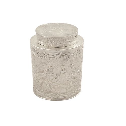 Antique German Silver Caddy with Scenes C1870