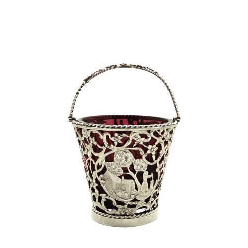 Antique Edwardian Silver Basket with Cranberry Liner 1906