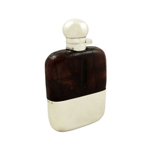 Antique Silver Plated & Crocodile Leather Hip Flask with Cup 1931