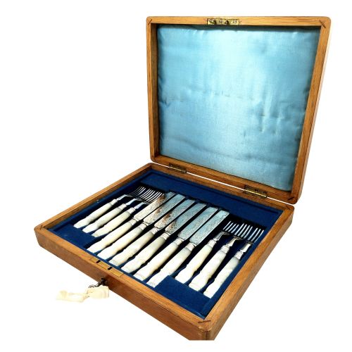 Antique Victorian Sterling Silver & Mother of Pearl Canteen of Cutlery 1891