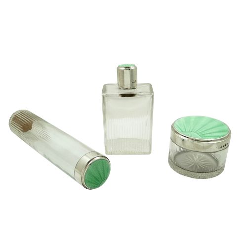 Set of 3 Antique Sterling Silver & Green Enamel Top Vanity Jars 1937