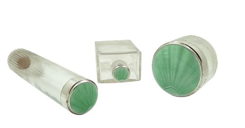fig 1. Set of 3 Antique Sterling Silver & Green Enamel Top Vanity Jars 1937