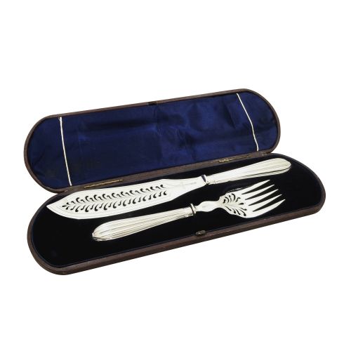 Pair of Antique Victorian Sterling Silver Fish Servers in Case 1863