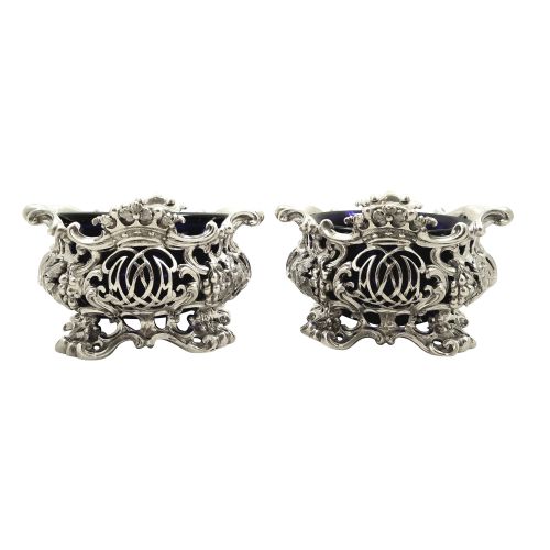 Large Pair of Antique Victorian Sterling Silver Salts with Liners 1843