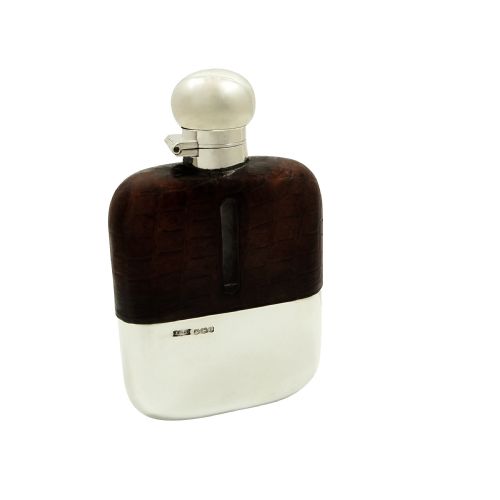 Antique Sterling Silver & Crocodile Leather Hip Flask 1928