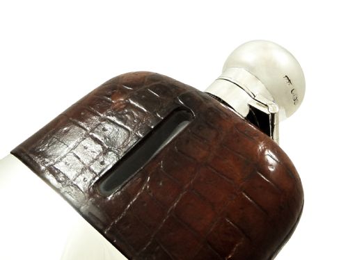 fig 1. Antique Sterling Silver & Crocodile Leather Hip Flask 1928