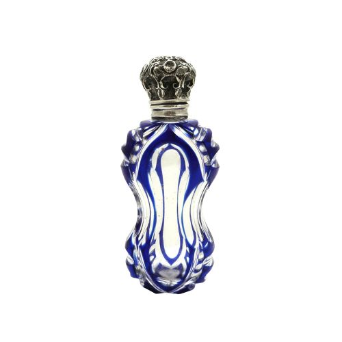 Antique Silver & Blue Overlay Cut Glass Perfume / Scent Bottle C1890