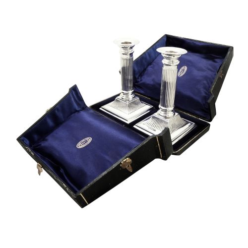 Pair of Antique Edwardian Sterling Silver Candlesticks in Case 1903