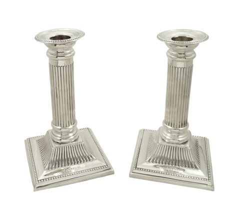 fig 1. Pair of Antique Edwardian Sterling Silver Candlesticks in Case 1903