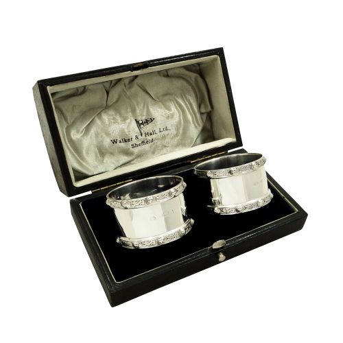 Pair of Antique Sterling Silver Napkin Rings in Case 1949