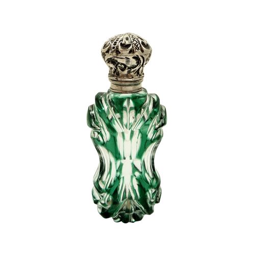 Antique Silver & Green Overlay Cut Glass Perfume / Scent Bottle C1890