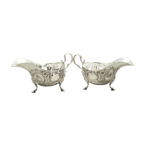 Pair of Antique Sterling Silver Sauce Boats / Gravy Jugs 1912