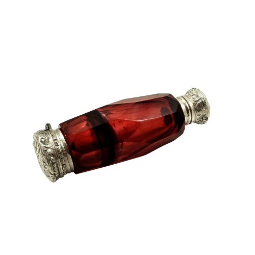 Antique Silver & Cranberry Glass Perfume & Vinaigrette Bottle C1890