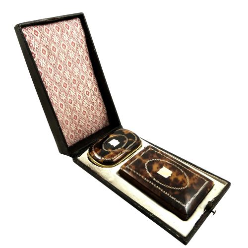 Antique French Tortoiseshell with Gold Pique Coin Purse & Aide Memoire in Case C1850