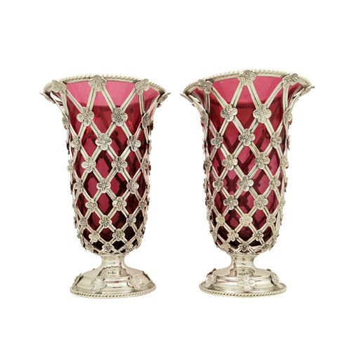 Pair of Antique Sterling Silver Vases with Cranberry Glass Liners 1910