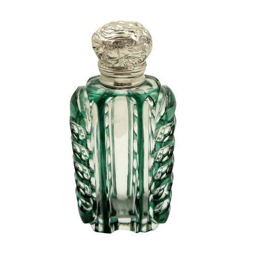Antique Silver & Green Overlay Cut Glass Perfume / Scent Bottle C1890