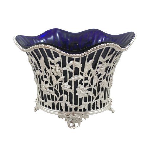 Antique Victorian Sterling Silver & Blue Glass Liner Dish / Bowl 1899