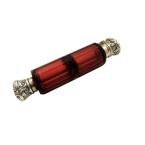 Antique Silver & Cranberry Glass Double End Perfume / Scent Bottle C1890
