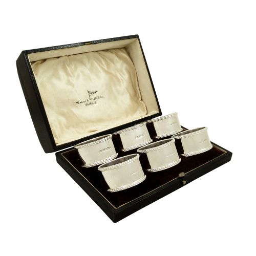Set of 6 Antique Sterling Silver Napkin Rings in Case - Walker & Hall 1927