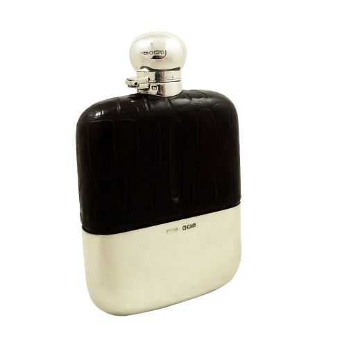 Antique Victorian Sterling Silver & Crocodile Leather Hip Flask 1895