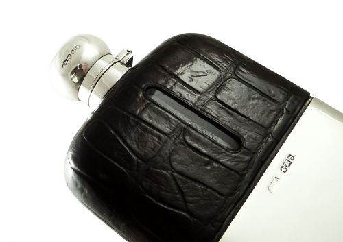 fig 1. Antique Victorian Sterling Silver & Crocodile Leather Hip Flask 1895