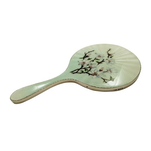 Vintage Sterling Silver & Hand Painted Japonica Enamel Hand Mirror